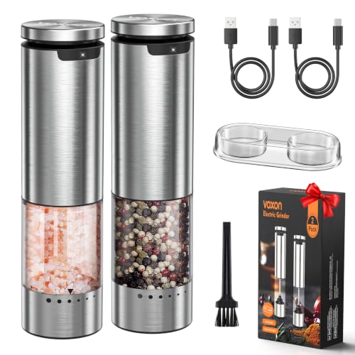 VOXON Electric Salt and Pepper Grinder Set Rechargeable Stainless Steel Pepper Grinder with Durable Metal Container One-Hand Operation 6 Grind Settings & LED Light Gift Sets
