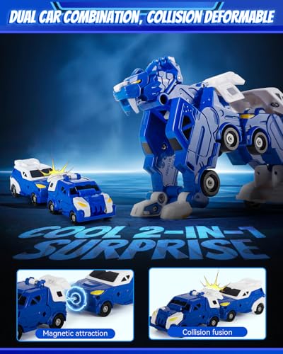 Image of Collision Transforming Dinosaur Car Toy, 2 in 1 Magnetic Car Transform into Dinosaur Toys, Dino Robot Toy, Transformer Toys for boys 4-6, Deformation Car Birthday Party Gifts for Kids Boys Girls, Blue