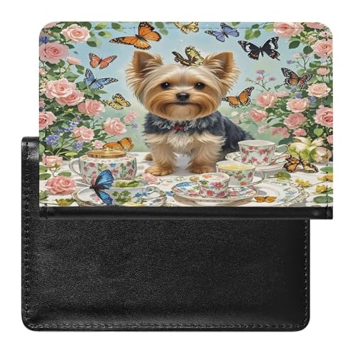Étui portefeuille en cuir pour passeport Yorkshire Terrier imprimé floral