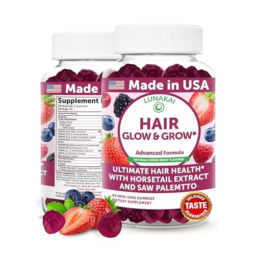 Lunakai USA Made Super Hair Gummies with Biotin, Zinc, Horsetail Extract & Saw Palmetto - Hair Growth Vitamins for Women & Men – Supports Thicker, Longer, Stronger Tresses, Skin & Nails, 60c