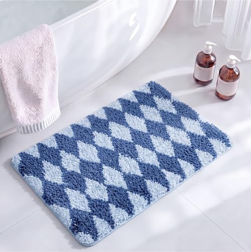 Kacctyen Cute Checkered Bath Mat 24x16 Inch Diamond Tufted Bathroom Rug Soft Small Absorbent Non-Slip Washable Microfiber for Tub Shower Bathroom Bedroom Home Decor(Blue and Sky Blue)