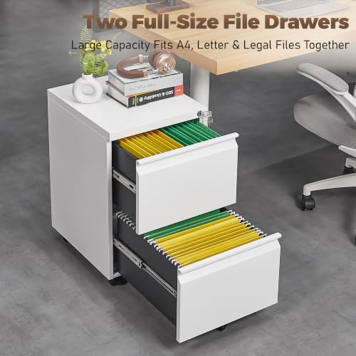 Image of Guizeeopo Fully Assembled 2 Drawer File Cabinet, Locking Filing Cabinet with Anti-Tipping Wheels, Quiet Slide, Heavy-Duty Steel Construction, Fits A4 Letter Legal for Home Office, Matte White