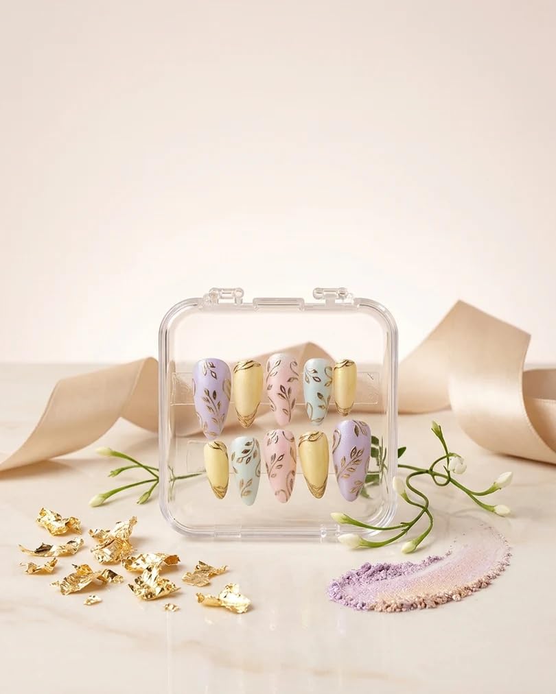 Soft Pastel Multicolour Press-On Nails with Gold Floral Design | Reusable False Nails | Long-Lasting, Easy to Apply, Artificial Nail Extensions-image-13