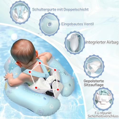 Schwimmring Baby mit UPF 50+ Abnehmbarem Sonnendach,Blau Aufblasbarer Schwimmreifen Baby, Aufblasbare Schwimmtrainer mit Sicherheitssitz für 6 Monate bis 10 Monaten Kinder, Kleinkinder-L.