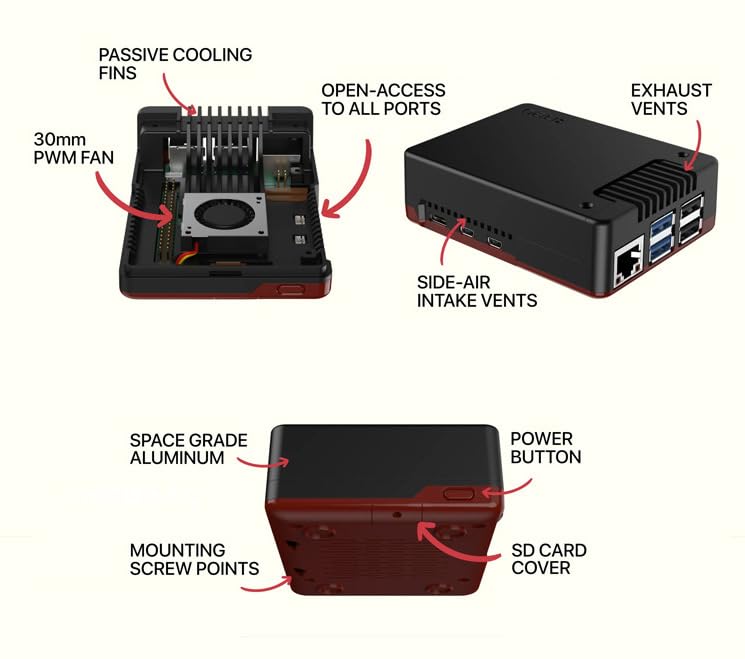 Obudowa chłodząca ze stopu aluminium do Raspberry Pi 5 z wbudowanym wentylatorem, powłoka ochronna rozpraszająca ciepło z kompozytową konstrukcją ABS do akcesoriów komputerowych z jedną płytą