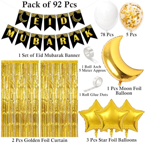 Image of Rozi Decoration Star & Moon Balloon Eid Mubarak Celebration Combo kit foil Curtain Banner with Glue Dot & Arch to Decor Home Office School 92 pcs (White)