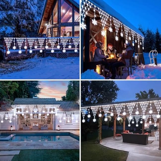 DBFAIRY Christmas Net Lights Plug in, 207 LED 13.1Ft x1.9Ft Snowflake Hanging Net Lights Outdoor Waterproof with Timer Christmas Decor for Balcony Porch Fence Window Railing (Cool White)