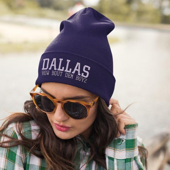 Printbox Originals How Bout Dem Boyz Beanie Hat, Embroidered Dallas Football Hat for Men & Women, Dallas Gifts Navy Blue