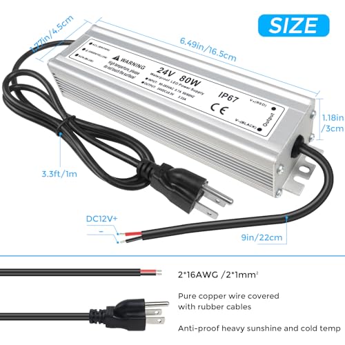 Image of 24V LED Power Supply, 3.3A 80W LED Driver Waterproof IP67, 90-265V AC to 24V DC Power Supply Converter, Low Voltage Transformer for LED Lights Indoor Outdoor Use