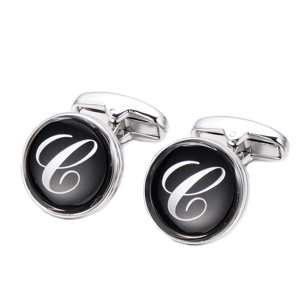 Initial Cuff Links Mens Silver Round Letter Alphabet Rhodium Plated Cufflinks for Men Suit Shirt Wedding Business A-Z