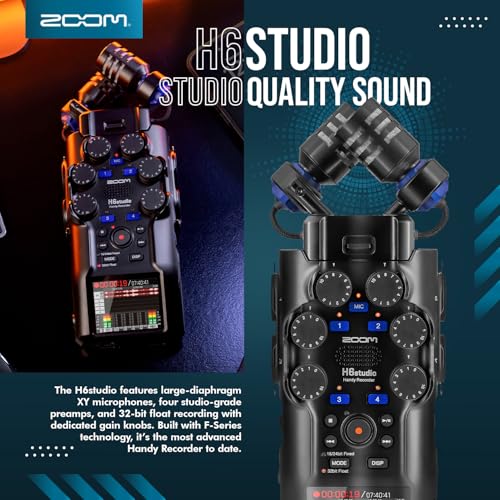 Image of Zoom H6studio Handy Recorder, H6 Studio (H6S) 32-Bit Float Recording, F-Series Preamps, Gain Knobs, Large Mics, USB Audio Interface w /Micro SD, Tripod, Batteries for Podcast Filmmakers Musicians