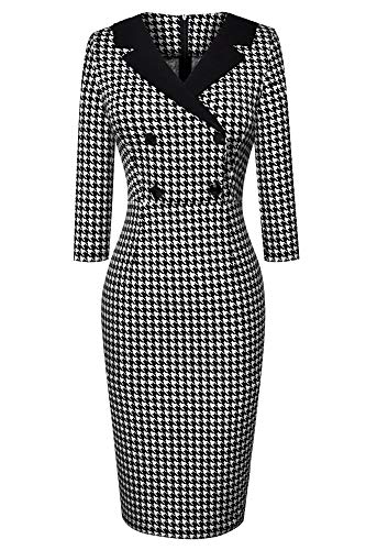 HOMEYEE Damen Vintage V-Ausschnitt Hahnentritt Stretch Bodycon Bürokleid B570 - Image 3