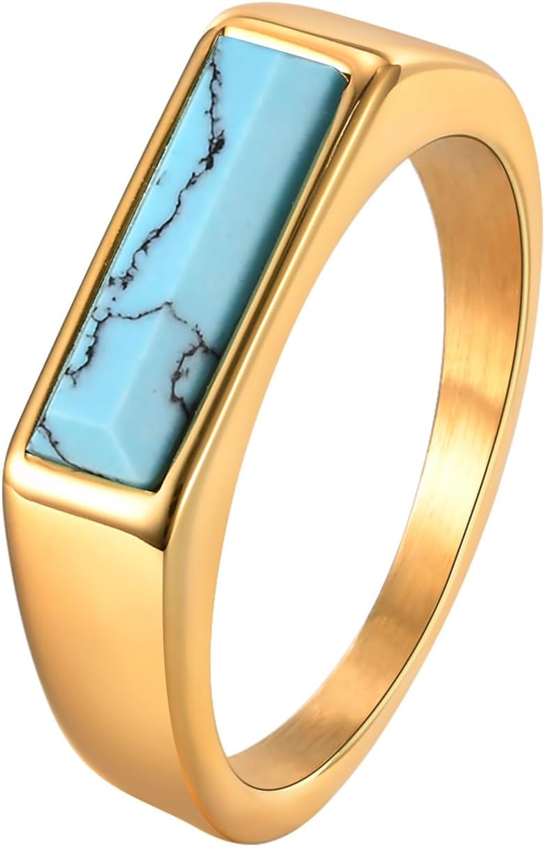 18K Gold Plated Turquoise Rings Stainless Steel Square Cut Turquoise Wedding Ring Jewelry Gift for Men and Women Size 7-12