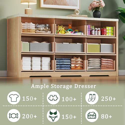Image of Fluted Dresser for Bedroom with 9 Drawers, 53'' Mid Century Modern Dressers with Faux Marble Top, Wooden Chests of Drawers with Gold Handle & Curved Profile, Closet Clothes Storage Organizer TV Stand
