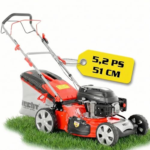 HECHT Rasenmäher Benzin mit Antrieb, 51 cm Schnittbreite, 5-in-1 Mulchfunktion, Seitenauswurf, 70L Fangkorb, 5,2 PS Benziner für Garten bis 1500 m²