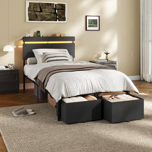 Image of Forestell Twin Bed Frames with Wood Headboard, Black Platform Bed with 2 Storage Drawers & Shelf, Built in Charging Station & LED Lights, Metal Support, No Box Spring Needed, Camas Twin Size