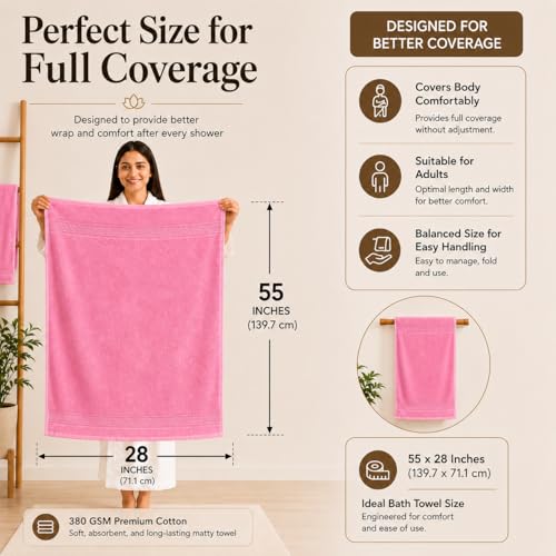 Image of 100% Pure Cotton Bath Towel for Men & Women | 380 GSM Ultra Soft, Highly Absorbent & Quick Dry Bath Towel | Large 55 x 28 Inch Matty Terry Towel for Bathroom, Gym, Travel & Daily Use | Pink