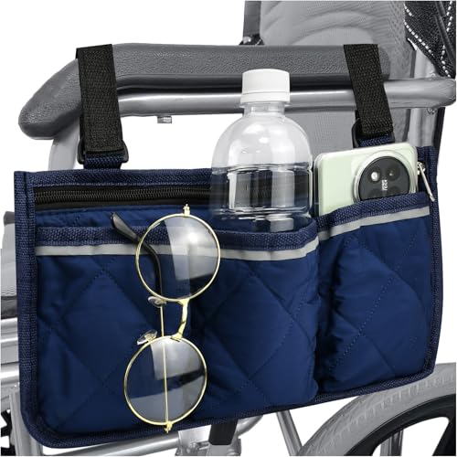 QUCUMER Bolsa Lateral para Silla de Ruedas Bolsa de Almacenamiento de Sillas de Ruedas con Franja Reflectante con un Gran Bolsa con Cremallera y 4 Bolsa Abiertas para Accesorios de Silla de Ruedas