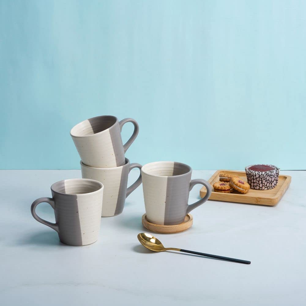 Premium Coffee Mugs | Set of 4 | 320 ml | Eco-Friendly Stoneware Ceramic | Toxin Free | BPA and Lead Free | Perfect for Gifting | Microwave & Dishwasher Safe | Grey and Cream Matt | Dazzle