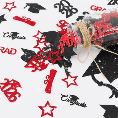 Image of 300Pcs Red and Black Graduation Table Confetti with Caps 2026,Congrats Grad Confetti 2026 Decorations, Perfect for 2026 Graduation Party Decor, Class Of 2026 Celebration Supplies