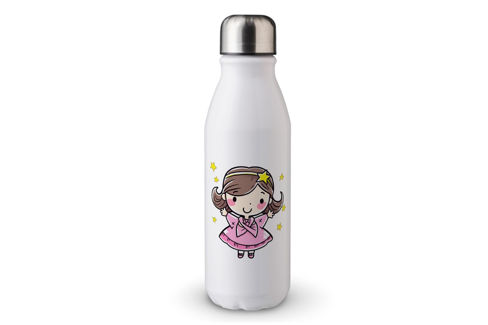 MAXIKIWI - Single Wall Water Drinking Bottle with Screw Cap, Non Insulated Lightweight Aluminium, BPA Free, Leak-Proof - Cute Princess With Tiara - 500ml
