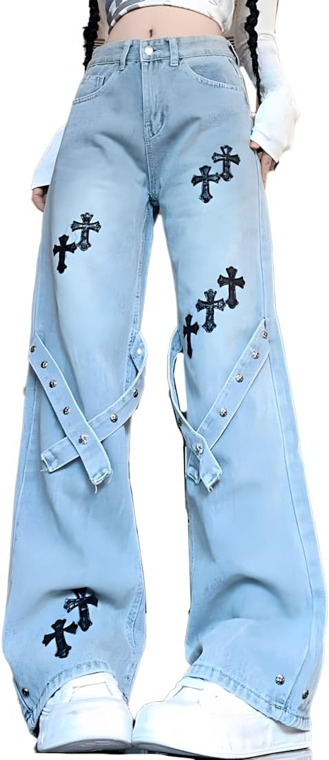 Women Y2K Grunge Kawaii Gothic Clothes Casual Straight Leg Vintage Straps Cross Patchwork Decor Denim Pants