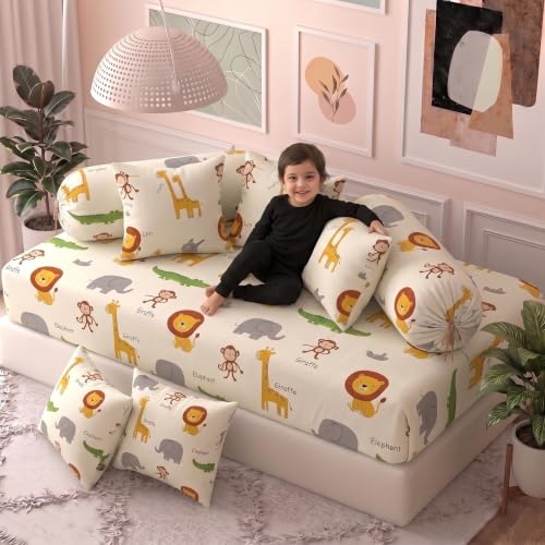Image of Filymore Cute Animals Kids Diwan Set, 8 Pieces Premium Microfiber Diwan Bedding Set with 1 Single Bedsheet, 5 Cushion Covers & 2 Bolster Covers, Soft & Comfortable Kids Room Bedding Set, White