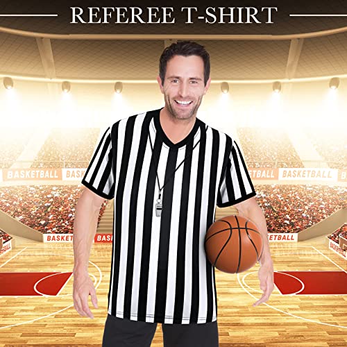 4 Pack Black White Stripe Referee Shirt With Whistle Official V-Neck Referee Costume Shirt Referee Shirt Men Football Referee Shirt Umpire Jersey Men Referee Costume For Basketball Soccer (Medium) #TOP6