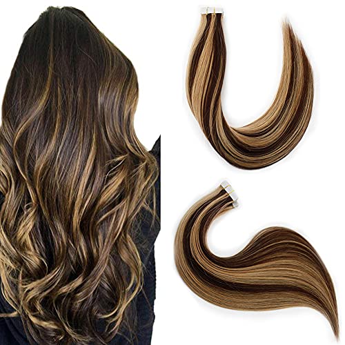 Tape in Hair Extensions Ombre Chocolate Brown to Caramel Blonde Tape in Human Hair Extensions 18 Inch Tape in Balayage Natural Hair 20 pcs/50g