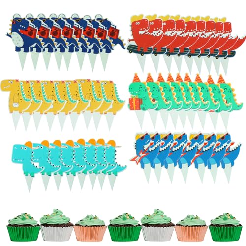 48 adornos para cupcakes de dinosaurio, temática de dinosaurio, decoración de cumpleaños, decoración de muffins de dinosaurio, decoración de fiesta temática de animales, decoración para baby shower,