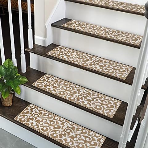SussexHome Stair Treads - 100% Polypropylene Anti-Slip Carpet Strips for Indoor Stairs - Easy to Install Runner Rugs with Double Adhesive Tape - Safe, Decorative Mats - 13-Pack - Beige-White Cover