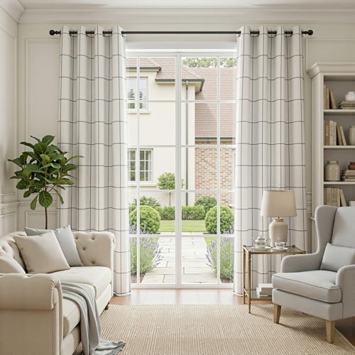 Image of MYSKY HOME 100% Blackout Plaid Linen Curtains 96 Inch Length 2 Panels Set - Double Layer Farmhouse Thermal Insulated Striped Print Drapes for Living /Dining Room, 2 Pcs, 52 inch Wide, Deep Grey