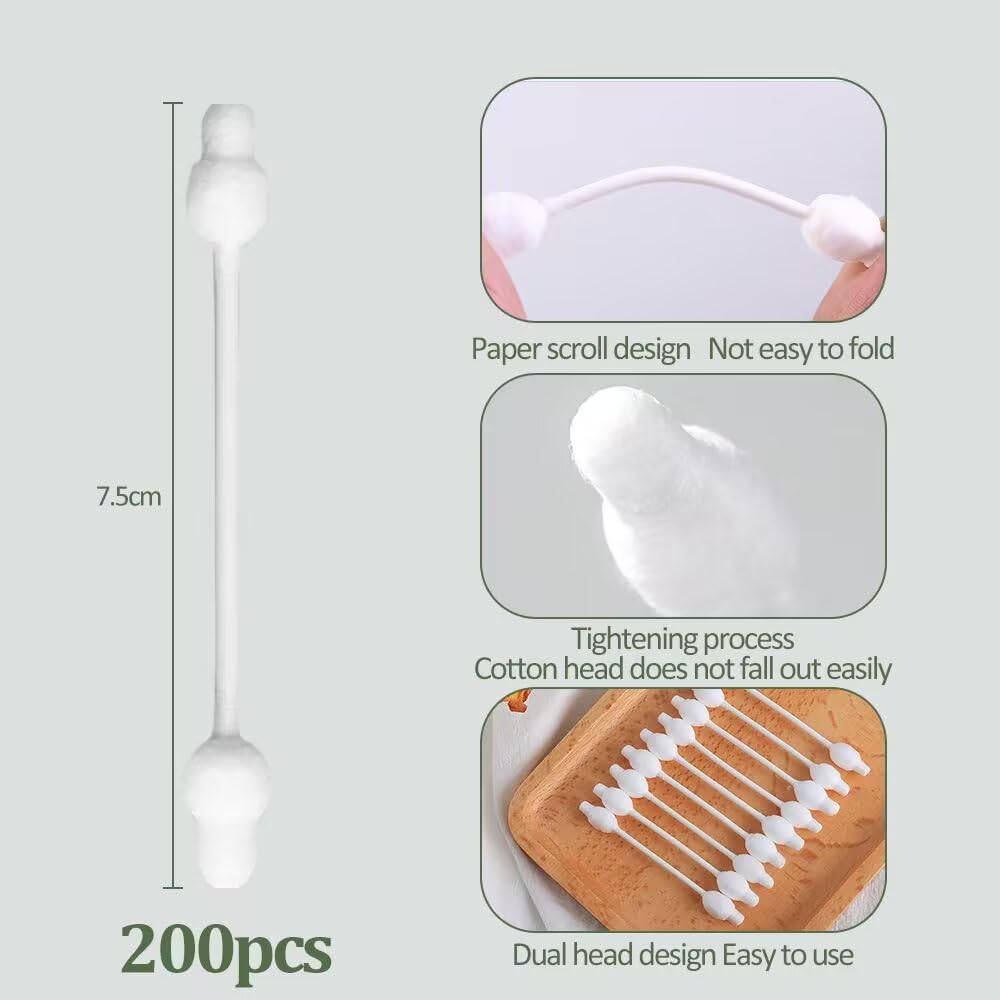 Lot de 200 cotons-tiges bio pour bébé avec grande tête de sécurité (200 pièces) Cotton Buds, dans une boîte cube pratique, bâtonnets d'oreille pour bébés et enfants