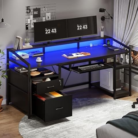 SEDETA 63" Computer Desk, Office Desk with Lockable Drawers for Legal/Letter File, Gaming Desk with LED Lights & Power Outlet, Home Office Desks with Storage, Black Cover