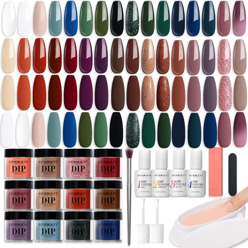 AZUREBEAUTY 42Pcs Dip Powder Nail Kit Starter, 32 Colors Green Nude Brown Blue Dipping Powder Set with Top/Base Coat & Recycling Tray for French Art Manicure Salon