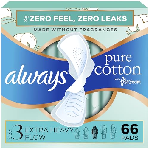 Always Pure Cotton Feminine Pads for Women, FlexFoam Pads with Wings, Size 3, Extra Heavy Flow...