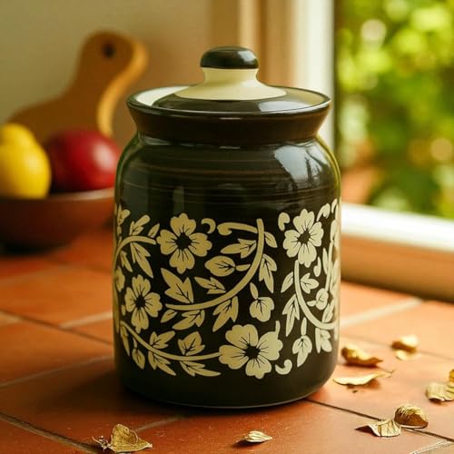 Image of Floral Black Ceramic Handglazed Pickle Jars Set of 1-1000 ML Each | 1 kg Achaar Martban Barni Jar with Lid | Ceramic Storage Jar Container Pickle /Achar, Chatney, Sugar
