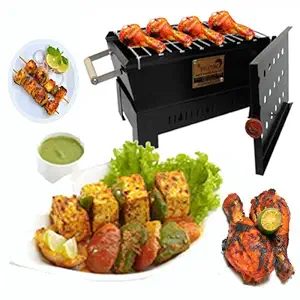 HotBerg Charcoal Barbeque Grill & Aneghti with 6 Wooden Handle Skewers with More Free Steel Tong & Hand Gloves (Black) Comboo