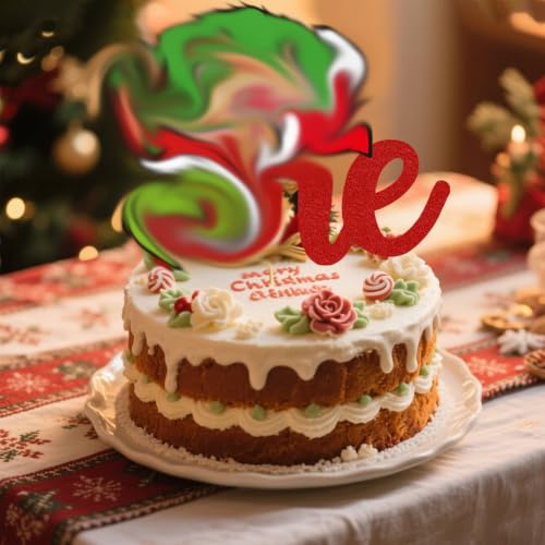 1 Pcs Christmas One Cake Topper with Hand Glitter Red First Birthday Cake Topper Christmas Birthday Party Decorations Green Monster Cake Decorations for Baby Shower Picks 1st Party Supplies by HigzYovn - Used condition - Image 5