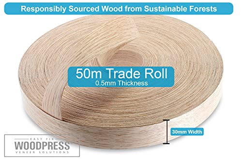 Wordpress® 30 mm Roteiche Echtholz Kantenumleimer mit Schmelzkleber – 50m Rolle – Einfache Anwendung zum Aufbügeln