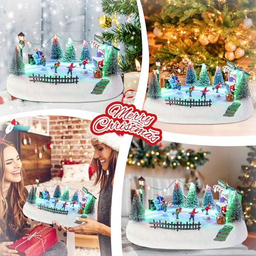 VCUTEKA Casas de aldeia de Natal, Papai Noel com árvore de Natal e crianças giratórias patinação mus