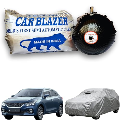Image of CARBLAZER Portable & Semi-Automatic Full Body Car Covers: Heavy Duty Device| Anti-Theft| Dust & Scratch Proof | Water & Wind Resistant|Custom Fit| Dual-Side Cover, Compatible for Maruti Suzuki Baleno