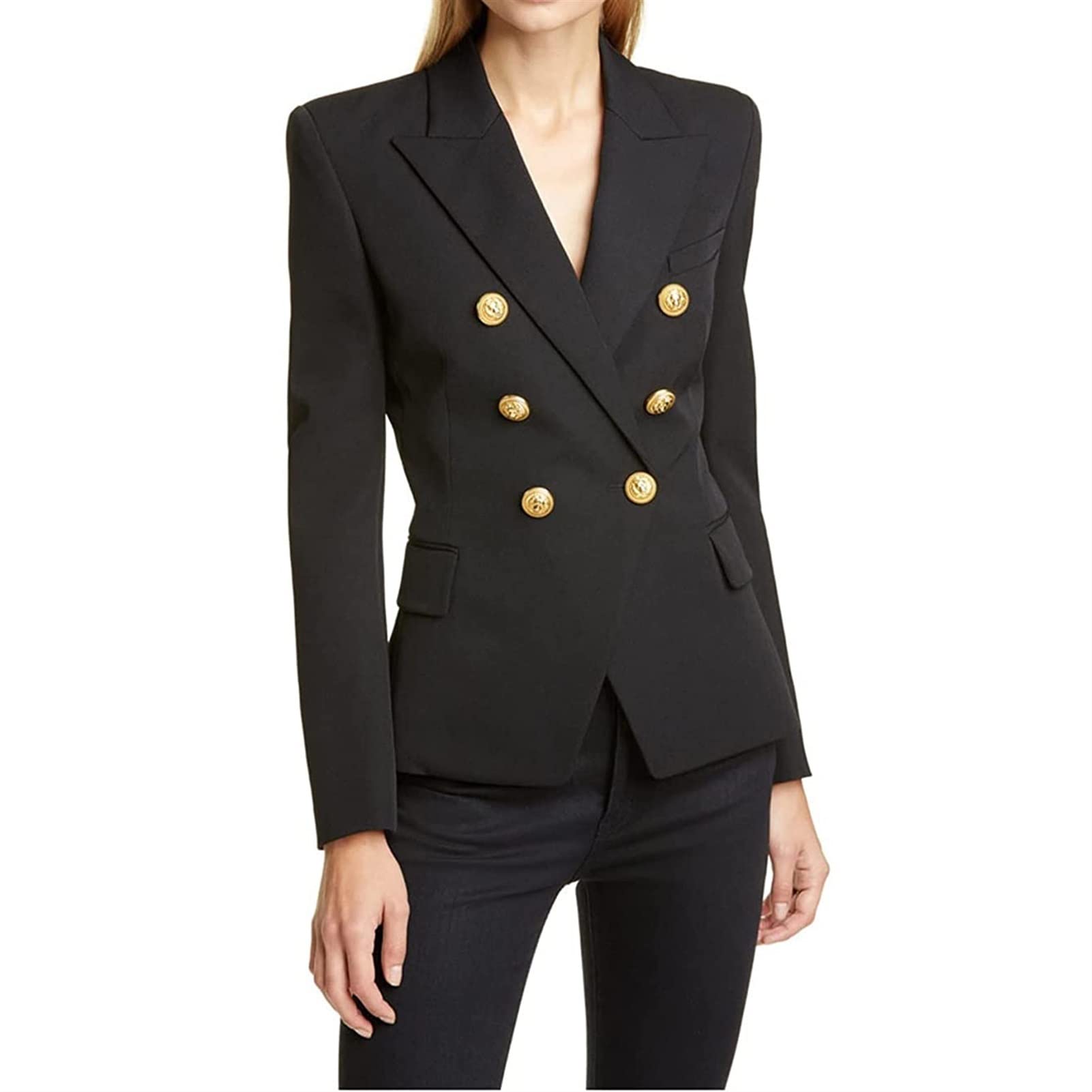 Blazer Damen Lang Langarm Frühlings Casual Jacke Übergangsjacke Büro Business Elegant Knöpfen Vintage Anzugjacke Blazer Slim Fit Schwarz Tailliert Sportlich Cardigan Sakko Strickjacke