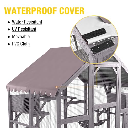 Image of Catio Outdoor Cat Enclosure Large Cat Houses for 5-6 Cats,Kitty House with Resting Box,Bridges,Walks,Waterproof Tarp Roof, 69.8 inch L x 55.1 inch W x 69.8 inch H