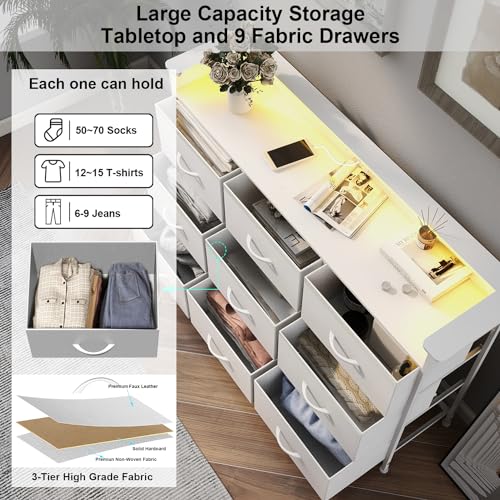 EXOTICA White Dresser with LED Light for Bedroom 9 Drawer Dressers with Charging Station Chests of Drawers for Entryway Closet Living Room Hallway Sturdy Steel Frame Wooden Top Easy Pull Handle - Image 6