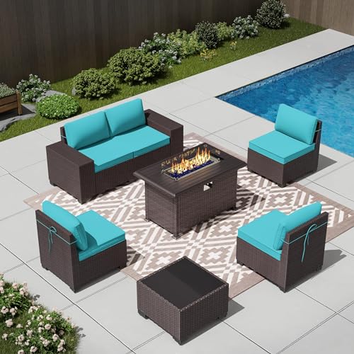 Image of 7 PCS Outdoor Patio Furniture Set,Outdoor Sectional Furniture with 43 inch 55000 BTU Gas Propane Fire Pit Table,All Weather PE Rattan Wicker Patio Conversation Set,Turquoise Blue