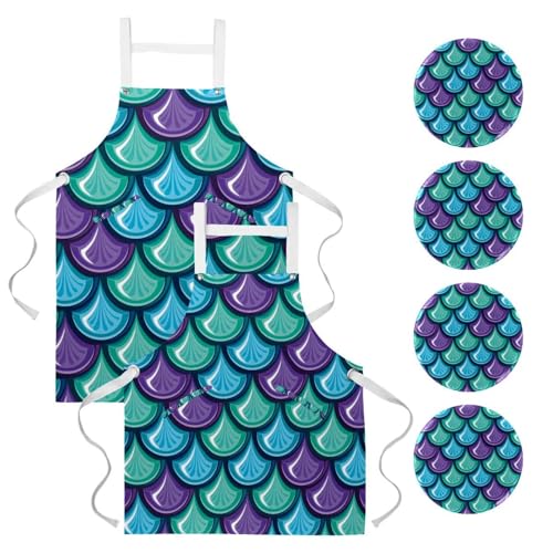Lot de 2 tabliers de cuisine motif écailles de sirène bleu avec 4 broches