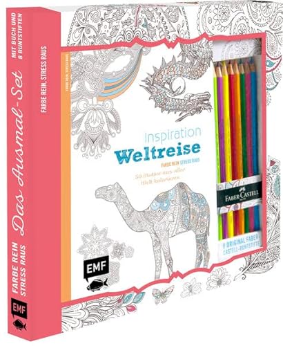 Kreativ-Set Farbe rein, Stress raus: Inspiration Weltreise - 50 Motive aus aller Welt kolorieren: Buch mit 64 Seiten und 8 Faber-Castell-Buntstiften ... rein, Stress raus (Ausmalen für Erwachsene))
