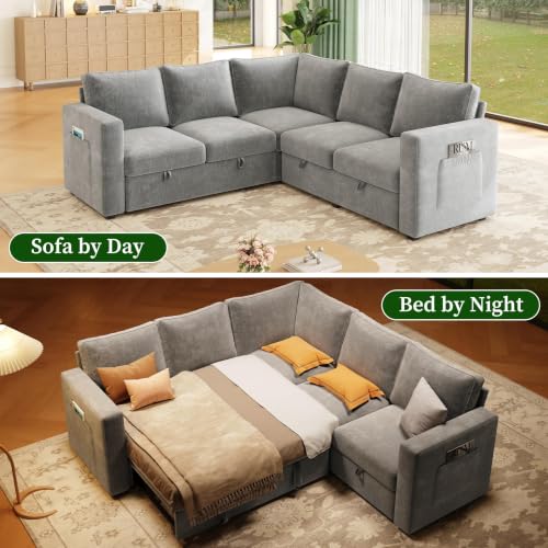 Image of 83.5 inch Chenille Sectional Sleeper Sofa, Pull Out Couch with Storage, Gray | 5 Seat Comfy Couches for Living Room, Apartments, or Guest Spaces; Sectionals Modular Sofa Design, Comfortable Seating.