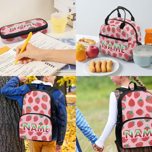 Red Strawberry Student Backpacks, Cartoon Fruit School Bookbag for College Laptop Backpack, Pink Lunch Bag Water Bottle Holder 4 Set Pen Bags4